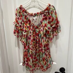 Milly Multicolor Floral Ruffle Silk Blouse